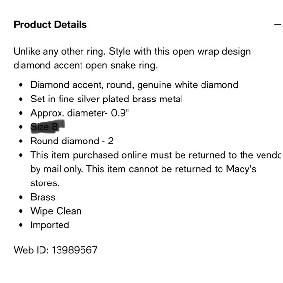 SNAKE RING Fine Silver Plate Open Wrap Design Diamond Accent Size 7 NWT - Picture 7 of 8